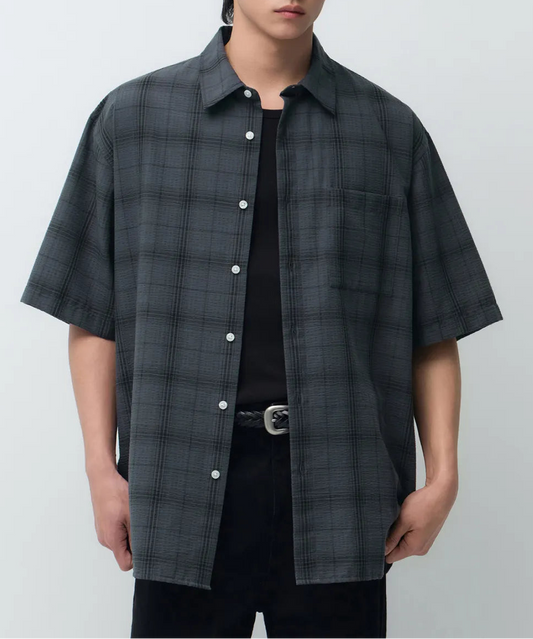 Relaxed Cold Shirt Ombre Checkered Short-sleeved Shirt [Dark Gray&Black]