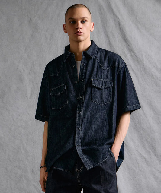 Denim Short Sleeve Western Shirt [Deep Indigo]