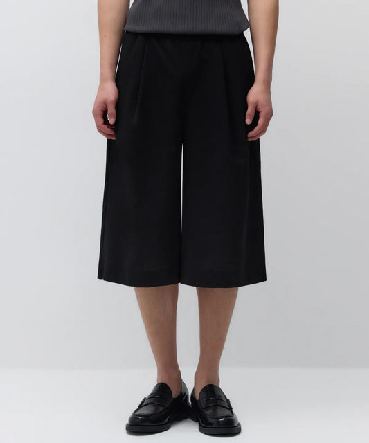 Crinkle Linen Like Banding Bermuda Pants [Black]