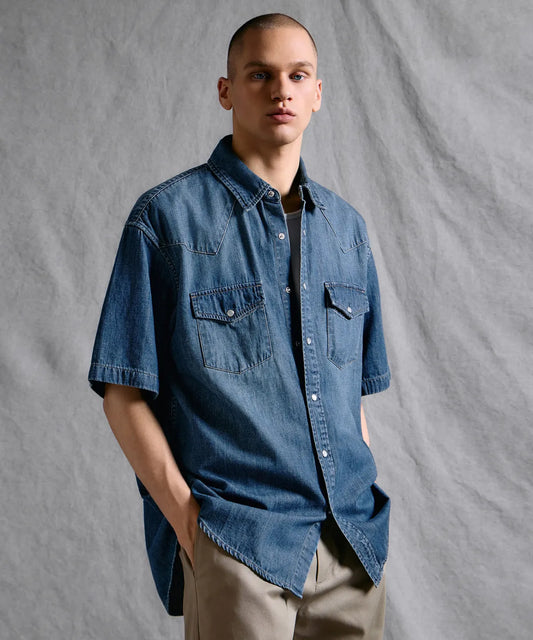 Denim Short Sleeve Western Shirt [medium indigo]