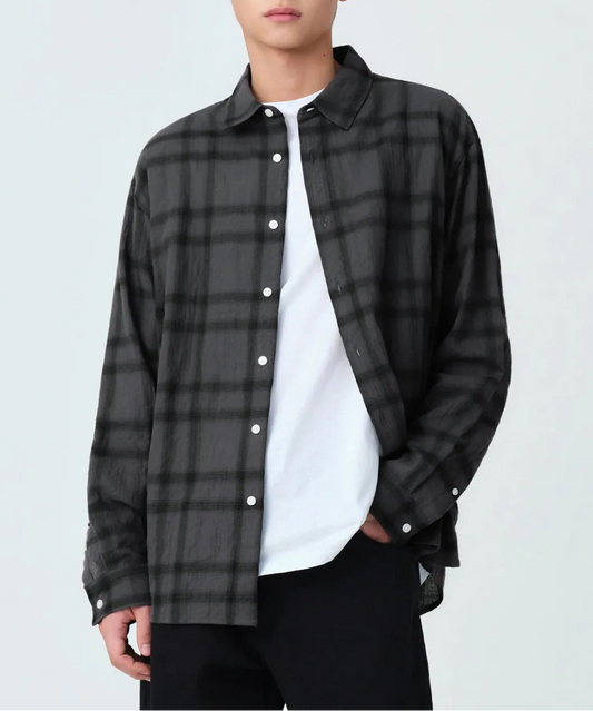 Relaxed Crinkle Ombre Check Shirt 2 [Dark Gray&Black]