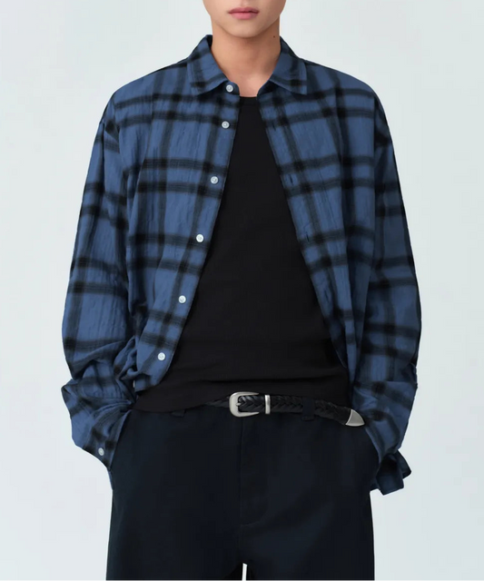 Relaxed Crinkle Ombre Check Shirt 2 [Blue&Black]