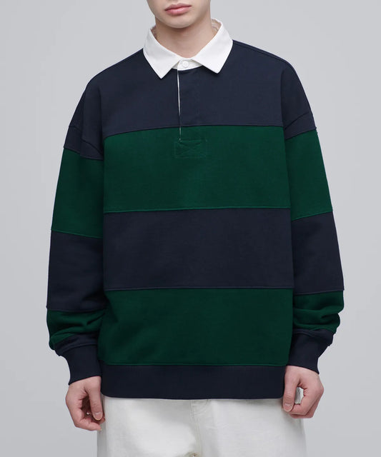 Oversized Stripe Rugby Sweatshirt [Navy & Green]