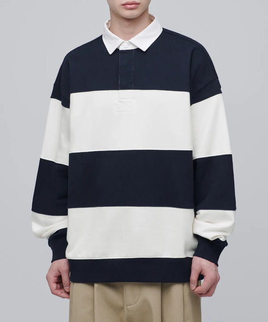 Oversized Stripe Rugby Sweatshirt [Navy & Cream]