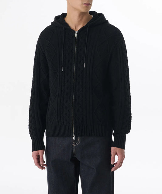 Aran Cable Knit Hooded Zip-Up [Black]