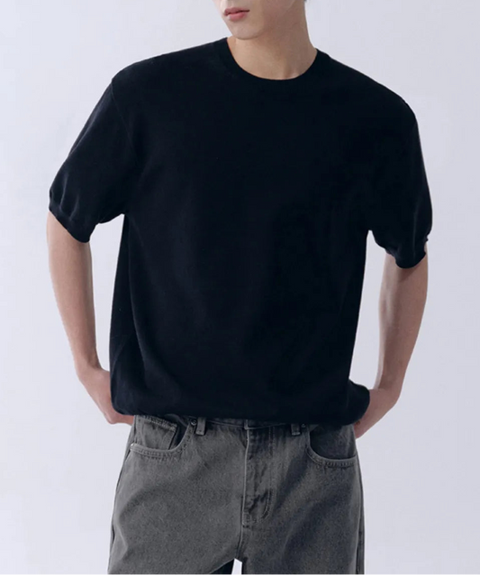 Washable Sufima Cotton Crew Neck Short Sleeve Knitwear [Black]